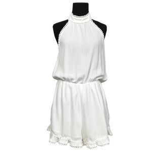 NWOT EIGHT PARIS Romper M White Halter Open-Back Ruffle PomPom-Trim ElasticWaist